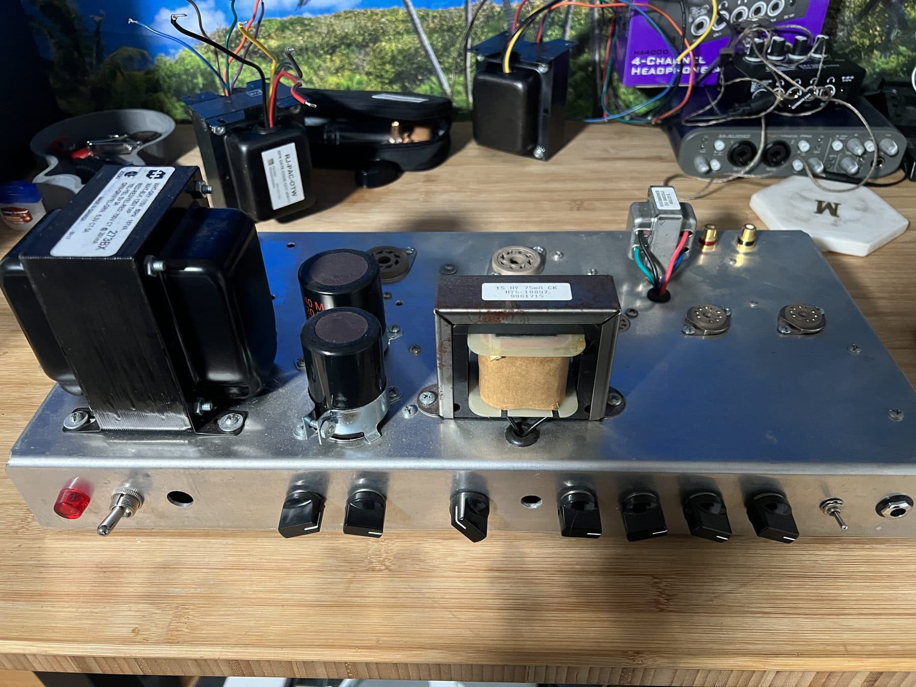 Aluminum amp chassis front panel with transformers and choke